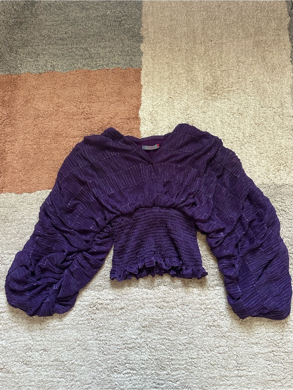 Smocked Cropped Top with Voluminous Balloon Sleeves - Purple